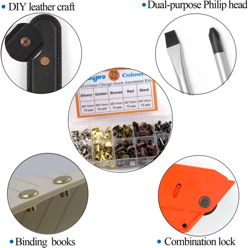 ALLOYPRO 75 Sets Chicago Screws Assorted Kit 5 Color Leather Rivets Screw Rivets Flat Fillister Book Binding Posts Nail Rivet Chicago Bolts for DIY Leather Craft Black Silver Golden Bronze (Colours 5×10mm) - Image 5